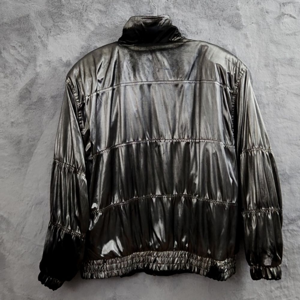 *Vintage Reversible Black Metallic Windbreaker Jacket Full Zip Oversized - Picture 8 of 11